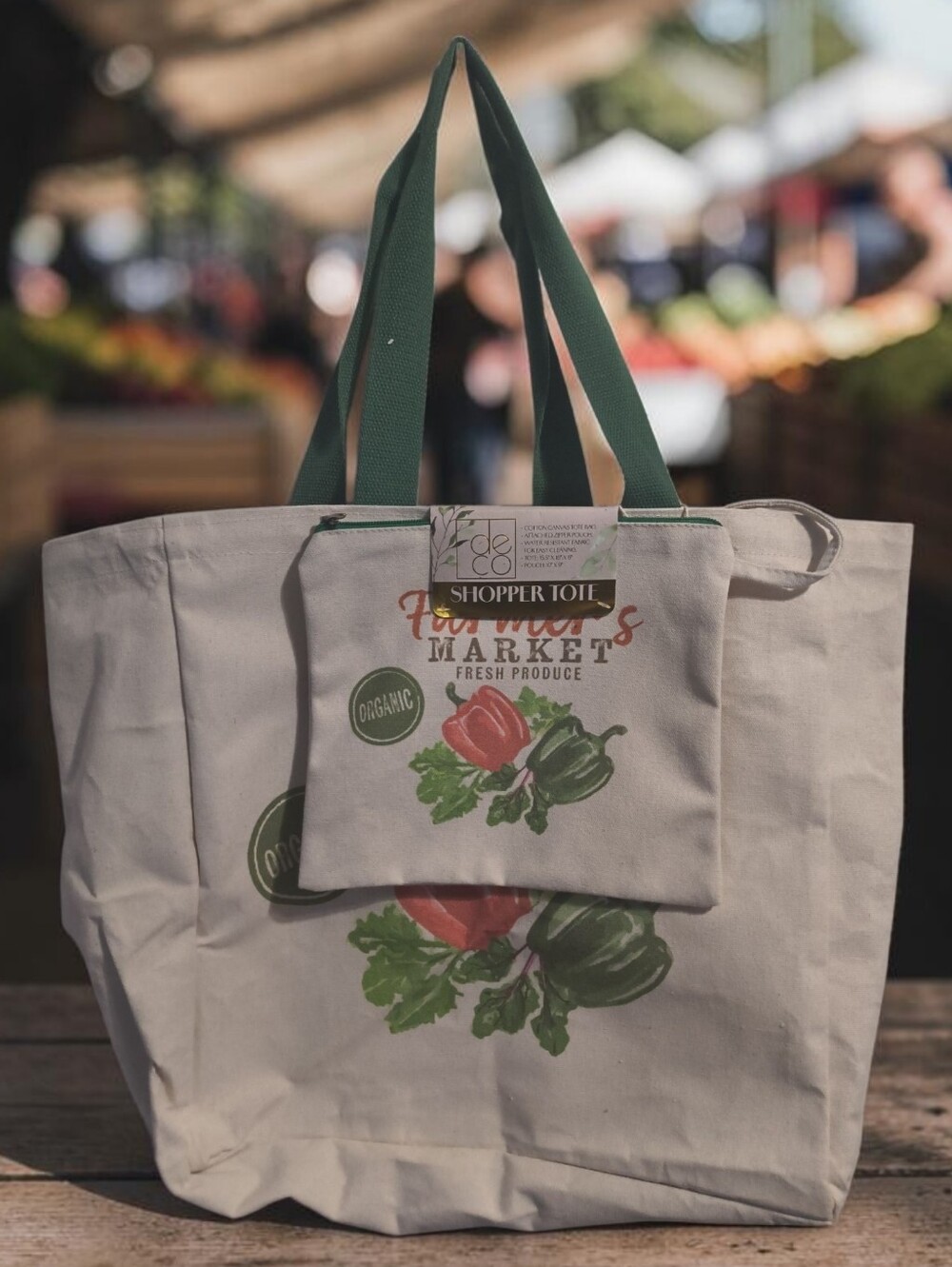 Farmer's Market 2Pc Floral Cotton Canvas Shopper Tote Bag with Green Handles